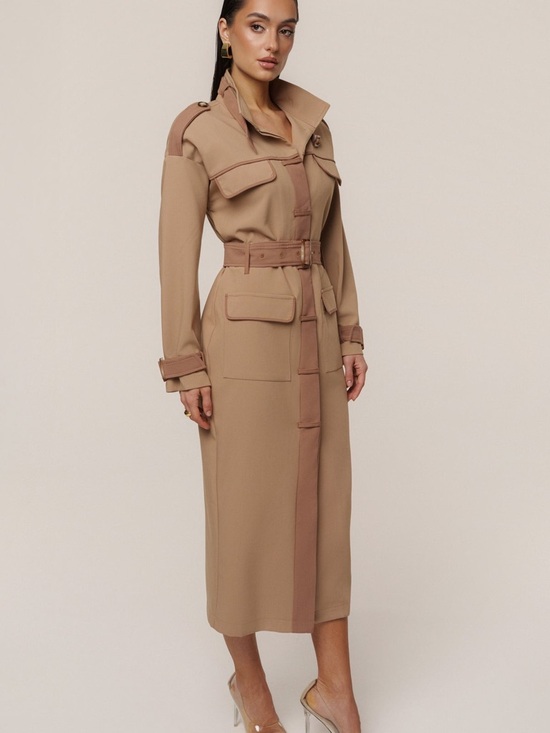 JLUXLABEL Dresses & Skirts - JLUXLABEL Beige Tan Icon Belted Midi Dress Belted Midi Trench Coat Military S